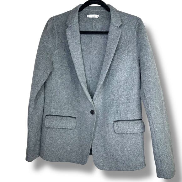 Vince NWOT Grey Buttoned Wool Blend Leather Trim Collar Button Blazer Size 10 - Picture 1 of 8